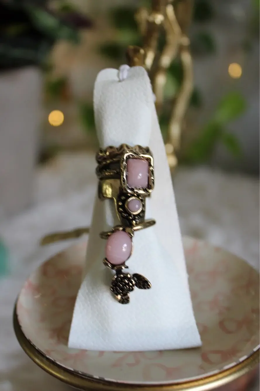 Free People Pink Stone Antique Gold Stackable Ring Set Size 7.5